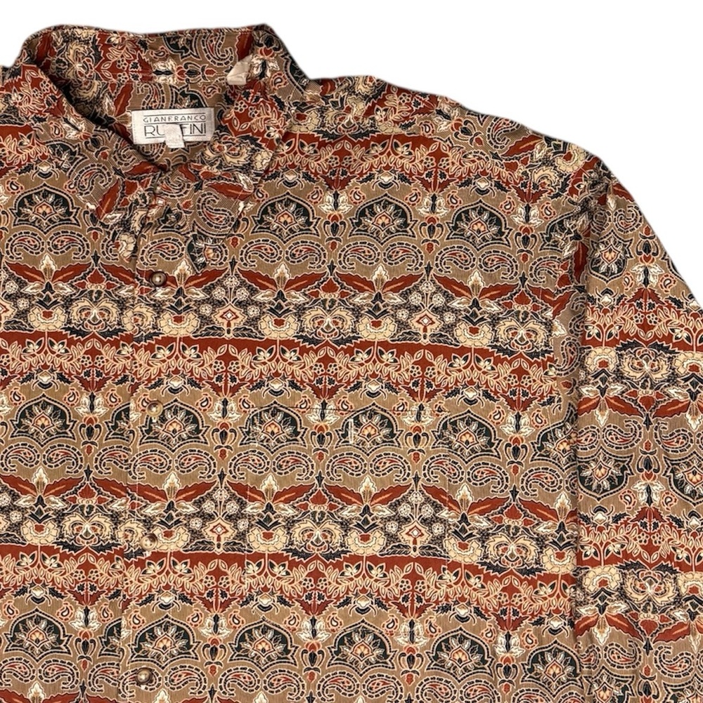 Vintage Italian BOHO Button Up Casual Shirt - Brown Geometric Floral Pattern